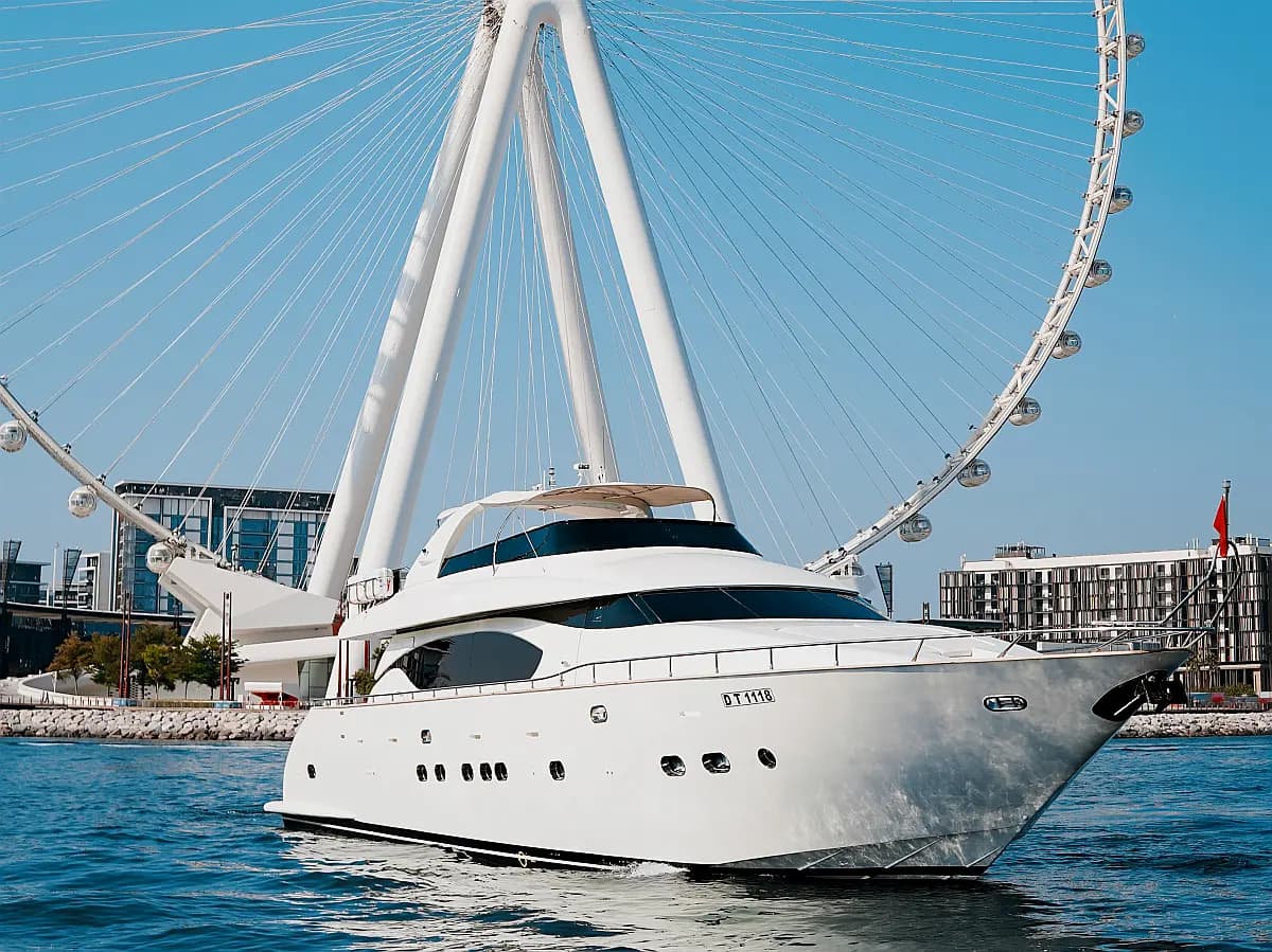 Motor Yacht X16 at Dubai Harbour with Ain Dubai behind